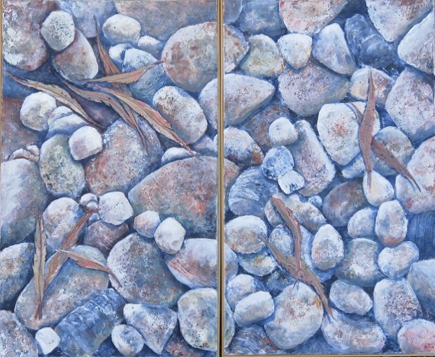 Title: Nature’s Treasures Medium: Acrylic on Canvas Size: Diptych - each panel 45x75cm (90x75 together) Price: 	$240.00 plus delivery 